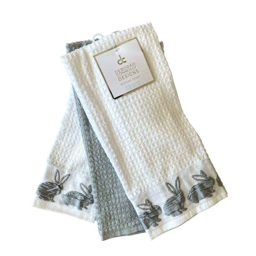 Deborah Connolly EASTER Bunny Kitchen Towels Set of 3 Gray & White New